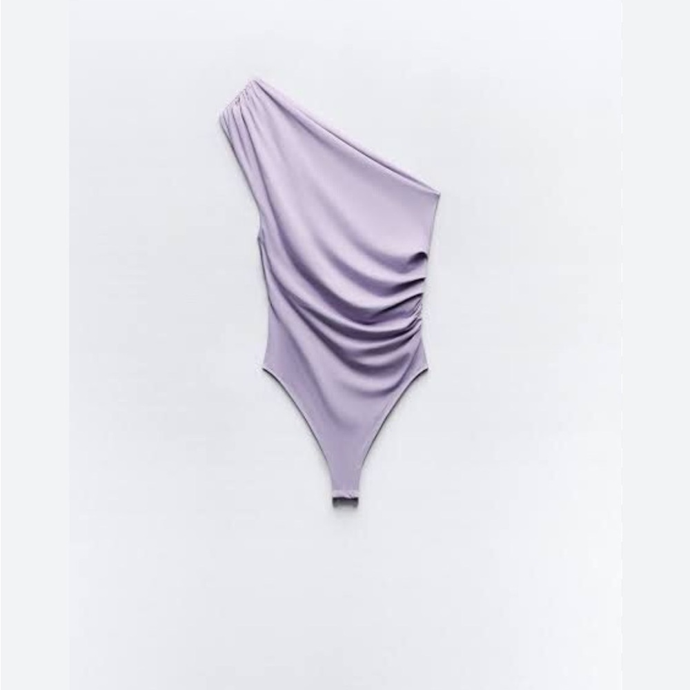 Zara Asymmetrical Ruched Lilac Bodysuit